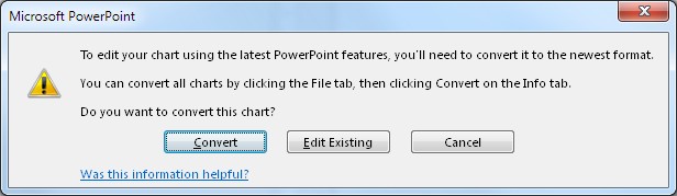 最新のPowerPointの機能を使用してグラフを編集するには、これを最新の形式に変換する必要があります。[ファイル] タブをクリックしてから [情報] タブで [変換] をクリックすると、すべてのグラフを変換できます。このグラフを変換しますか？ 変換 / 現在の形式のままで編集 / キャンセル