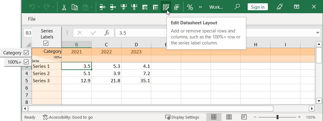 think-cell datasheet with Edit Datasheet Layout button highlighted and menu showing.
