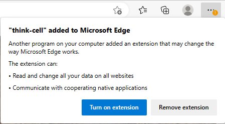 Edge dialog asking whether to Turn On or Remove think-cell extension.