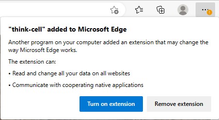 Boîte de dialogue Edge demandant si l’extension think-cell doit être activée ou supprimée