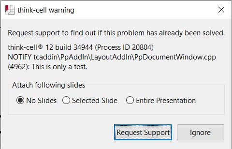 think-cell Dialog für Supportanfragen bei kritischen Fehlern