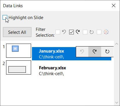Linked think-cell charts of the current presentation and their update states