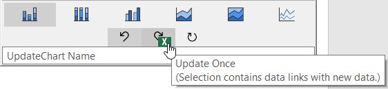 Floating toolbar of linked think-cell chart with update pending.