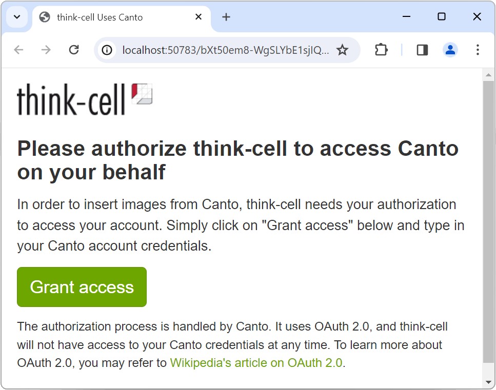 A browser window that asks the user to authorize think-cell to access Canto on the user's behalf