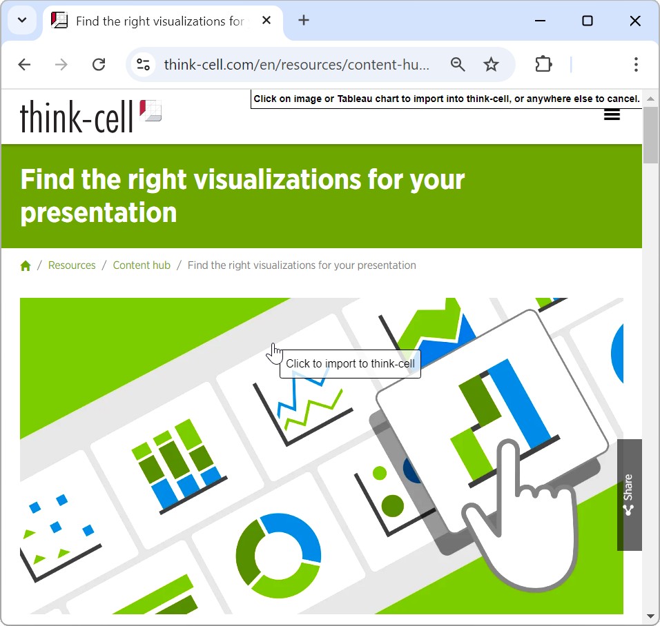 An image in a browser window. A cursor hovers over the image with the tooltip "Click to import to think-cell"