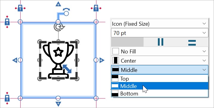 In the mini toolbar, choosing an icon's alignment within the selection frame