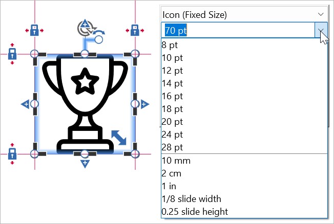 Selecting an icon size in the mini toolbar