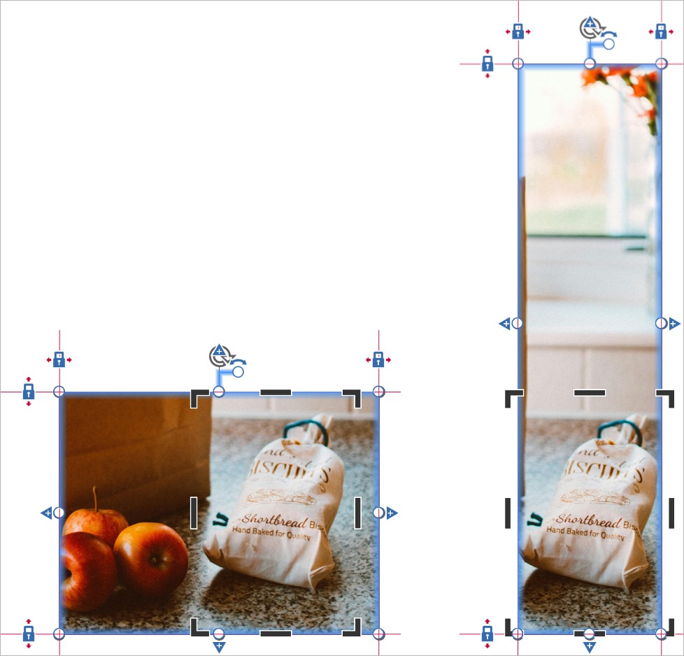 Two different crops of an image of groceries. In both crops, the bag of cookies is in focus because it's inside the crop region