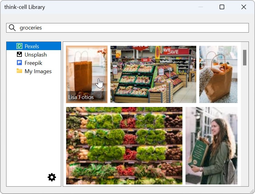 The think-cell library dialog with stock images of groceries from Pexels