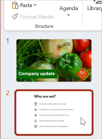 In the slide thumbnail pane, slide 2 is selected. The user will insert a new image or icon on the selected slide.