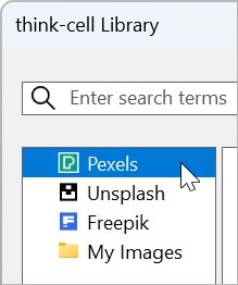 The sources pane in the think-cell library, with Pexels selected