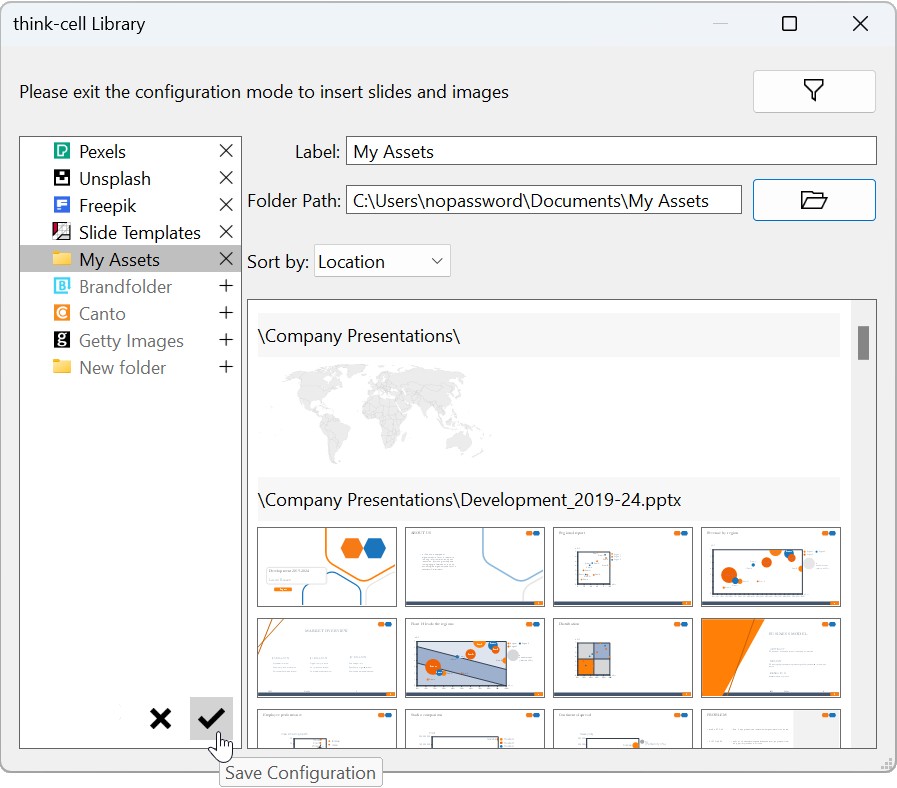 The think-cell Library dialog with a user folder called 