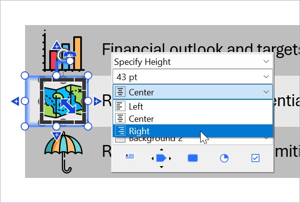 think-cell alignment options for icons on the mini toolbar