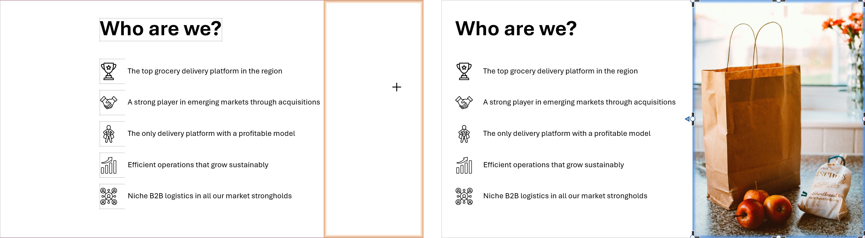 On a slide, an orange selection frame shows where a library image will be inserted. After the user clicks, the image appears on the slide.