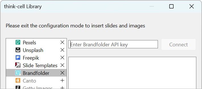 The think-cell Library dialog with a text field for entering a Brandfolder API key