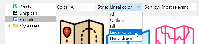 The Freepik search filters in the think-cell Library: 
