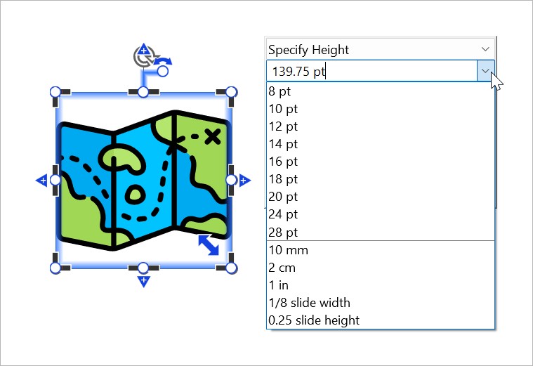 The think-cell combo box for specifying the height of an icon in points, milimeters, centimeters, inches, or as a proportion of slide width or slide height