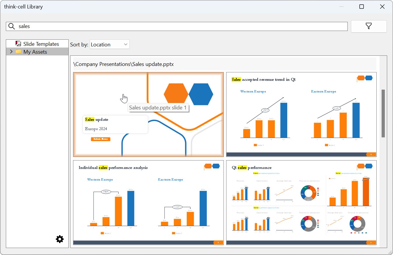 The think-cell library dialog with two slide sources: slide templates and a folder of the user's slide assets
