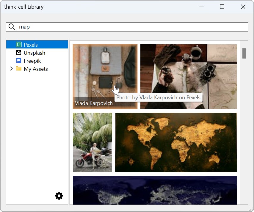 The think-cell library dialog with the image source Pexels selected. The search results show images of maps.