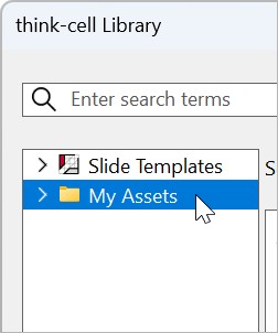 The library sources pane with Slide Templates and a folder of user slides called My Assets