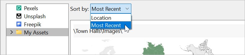 The sort options for searching user images in the think-cell Library: 