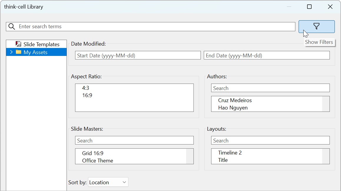 The think-cell library dialog with slide sources and slide search filters