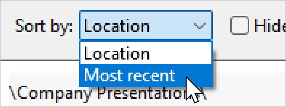 Options to sort assets by location or most recent in the think-cell Library dialog