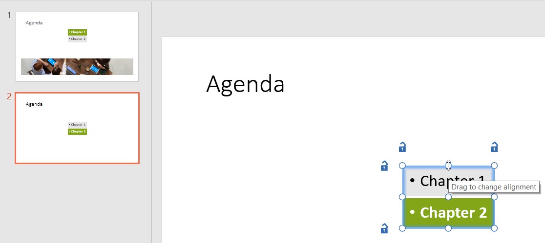 An agenda element selected on a slide, with the mouse cursor hovering over its top handle