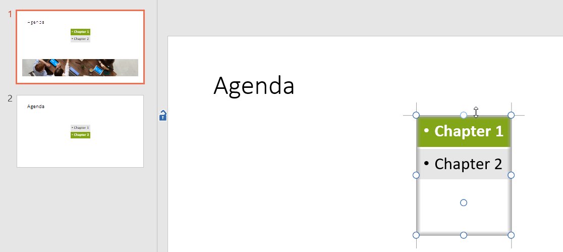 Snap indicator on top edge between agenda elements on different slides.