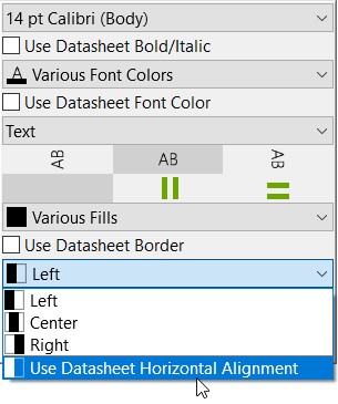 Floating toolbar of a table cell, vertical alignment control open, set to 'Use Datasheet Horizontal Alignment'