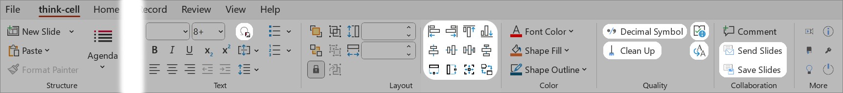 think-cell tab with productivity tools highlighted