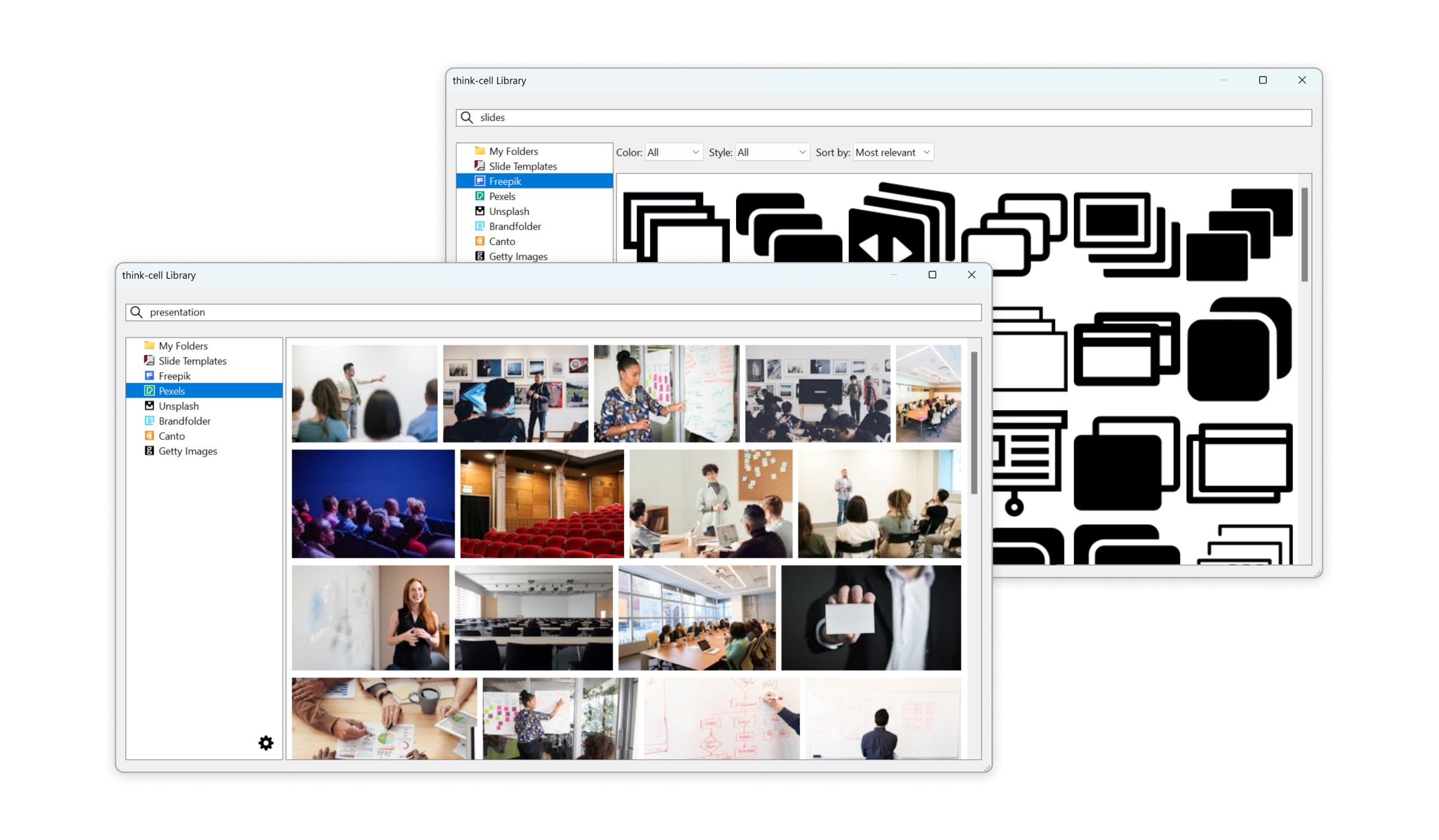 Two think-cell Library dialogs, one with Freepik icons in the search results, the other with Pexels stock images