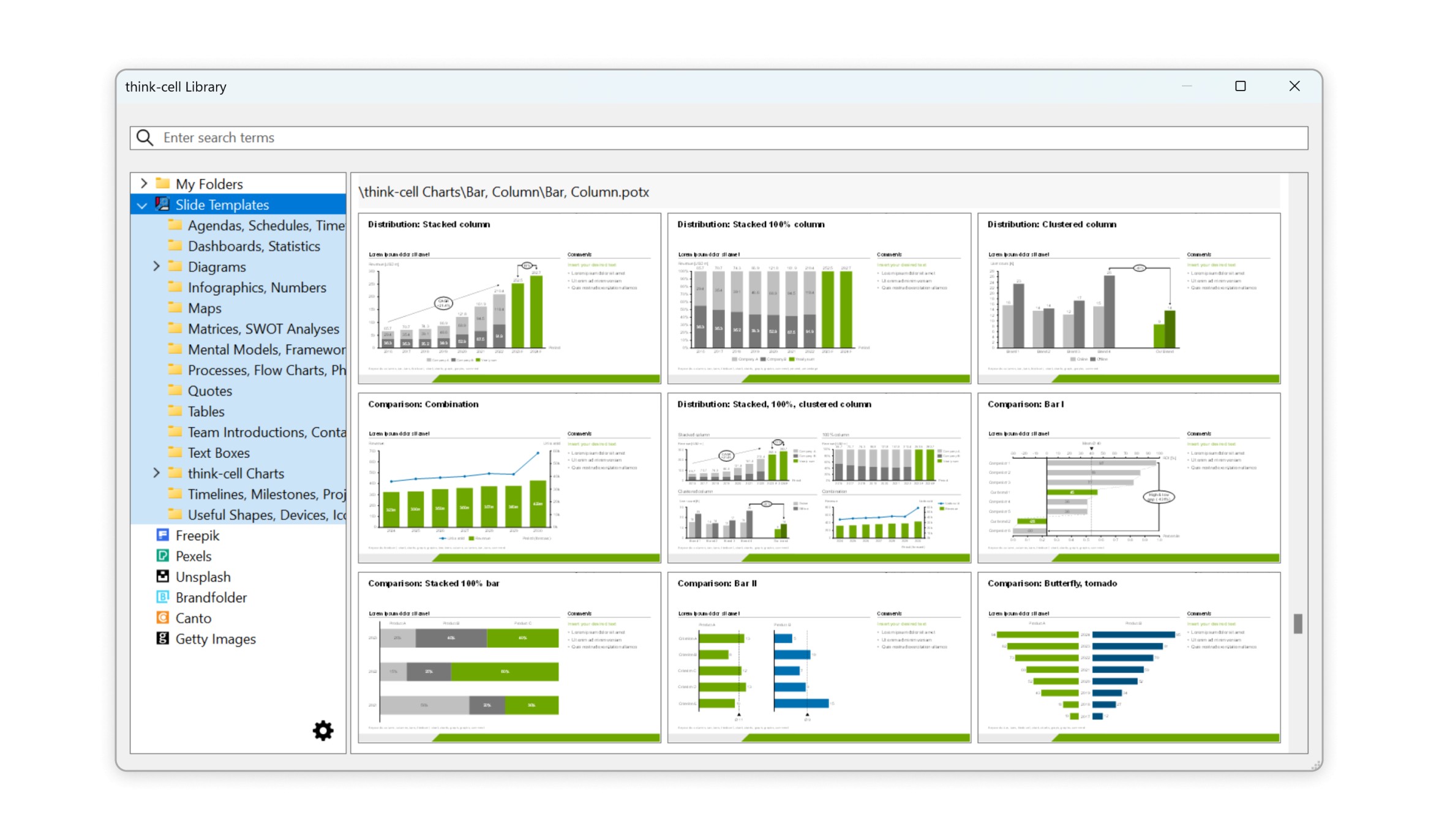 In the library dialog, in the library sources pane, the source "Slide Templates" is selected. In the search results pane are templates for slides containing bar and column charts
