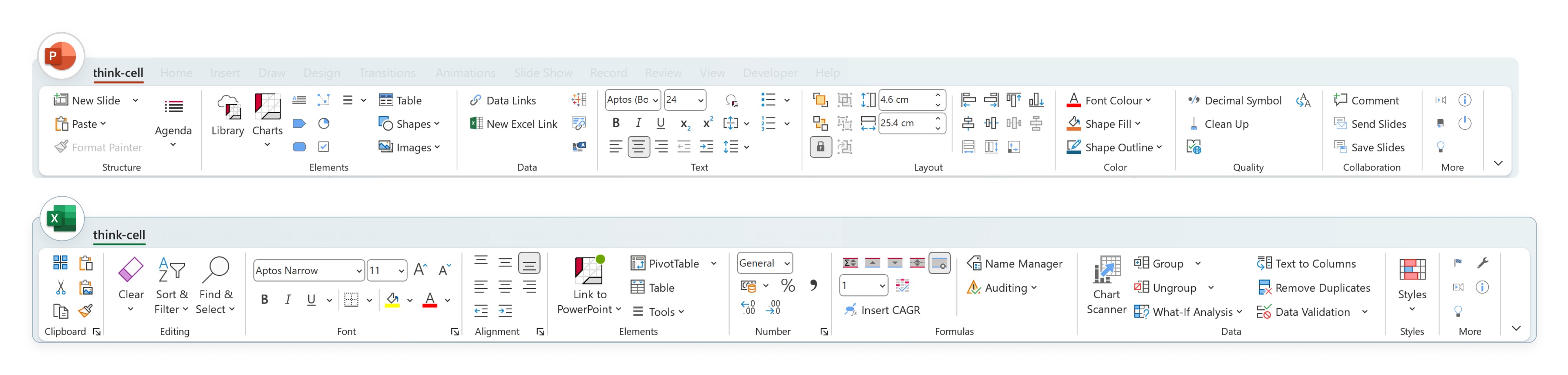The think-cell tabs on the PowerPoint and Excel ribbons