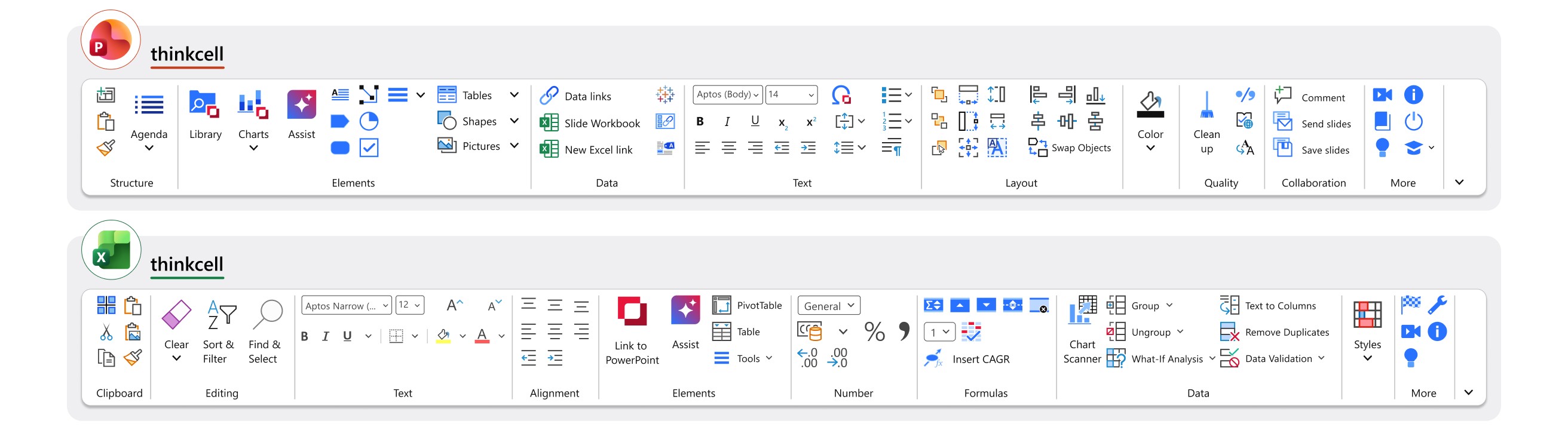 The thinkcell tabs on the PowerPoint and Excel ribbons