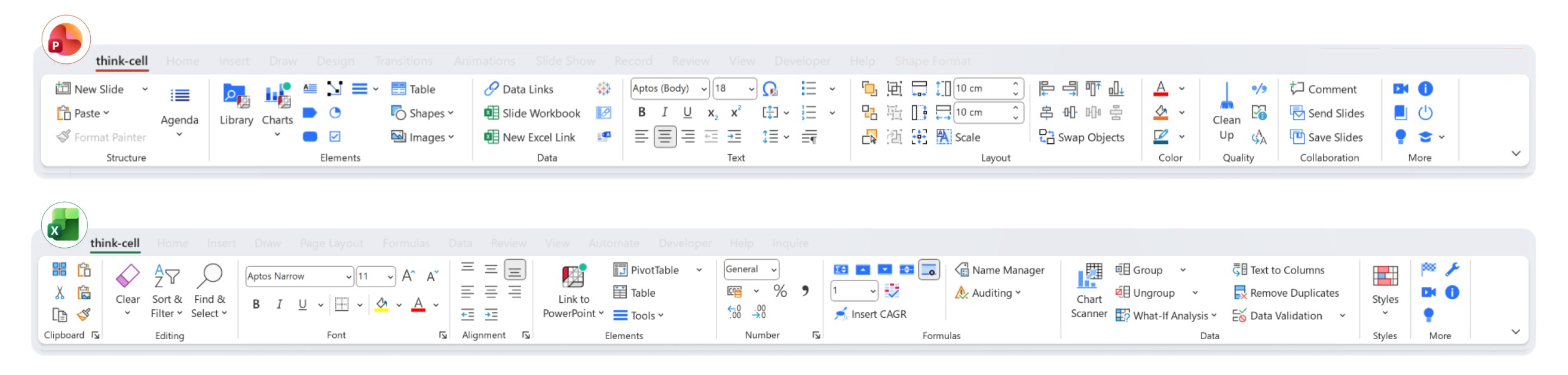 The think-cell tabs on the PowerPoint and Excel ribbons