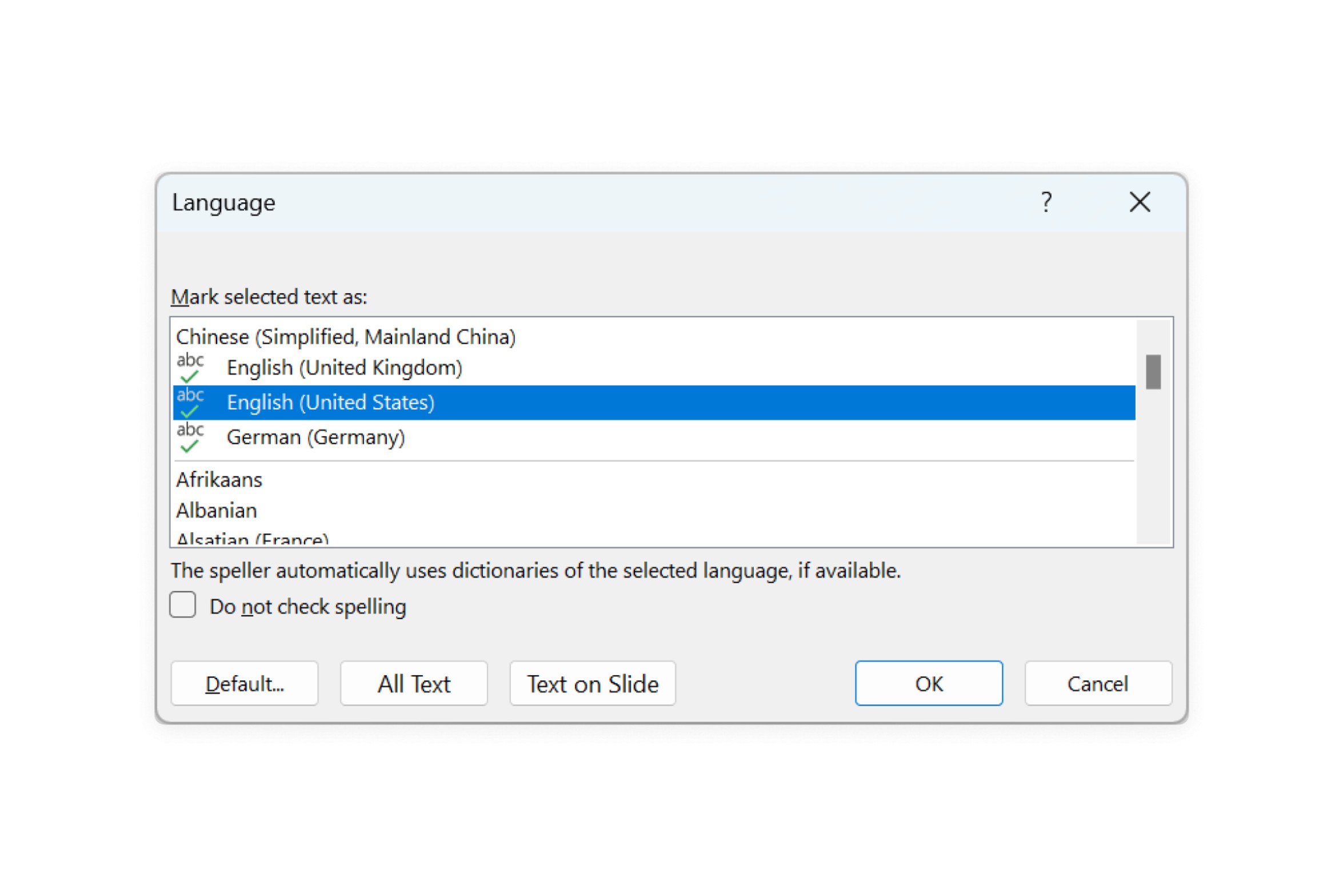 The think-cell proofing language dialog. It has a menu of languages and buttons to apply the language to all presentation text or the text on the selected slide