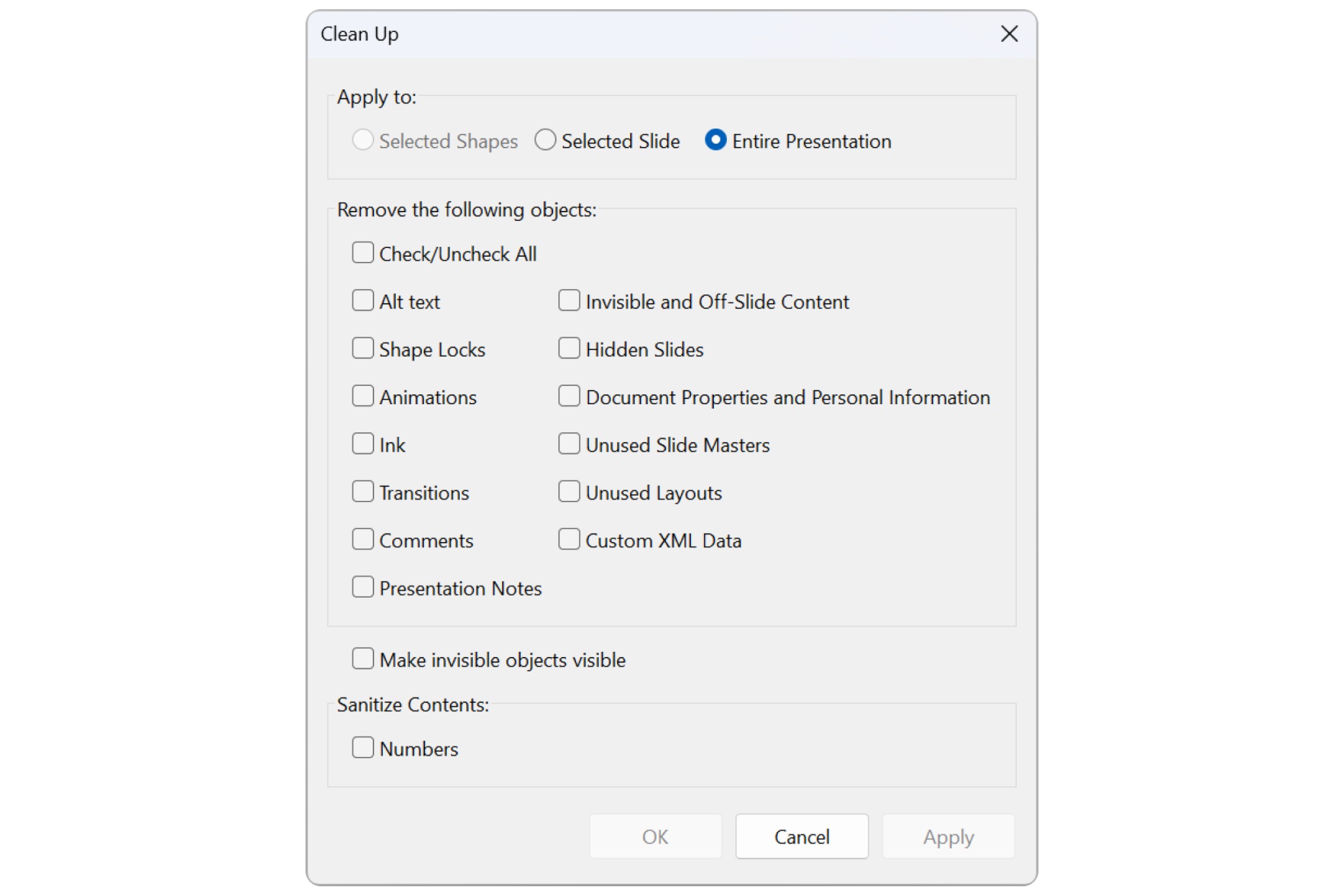 The think-cell Clean Up dialog