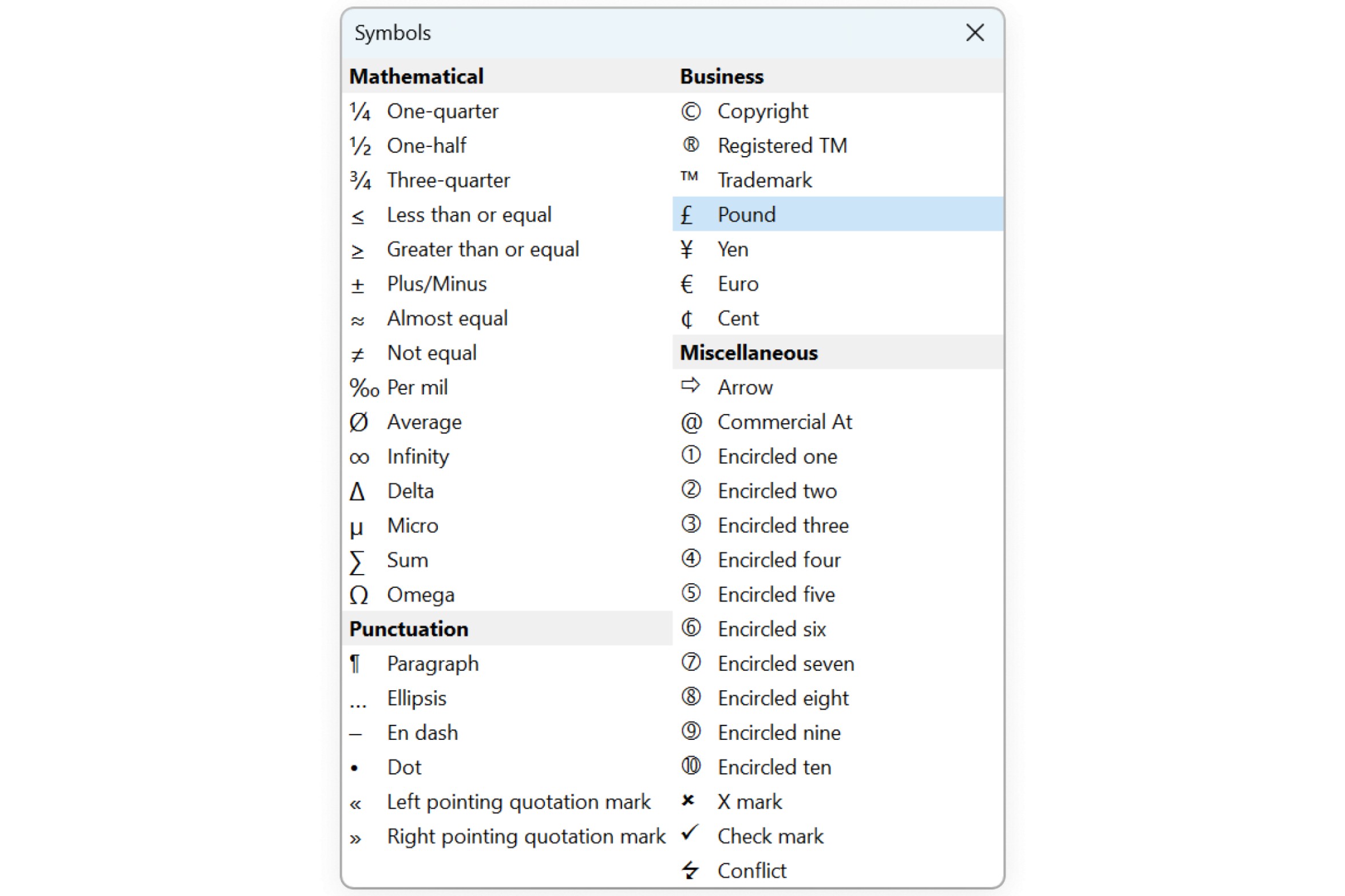 The think-cell Symbols dialog