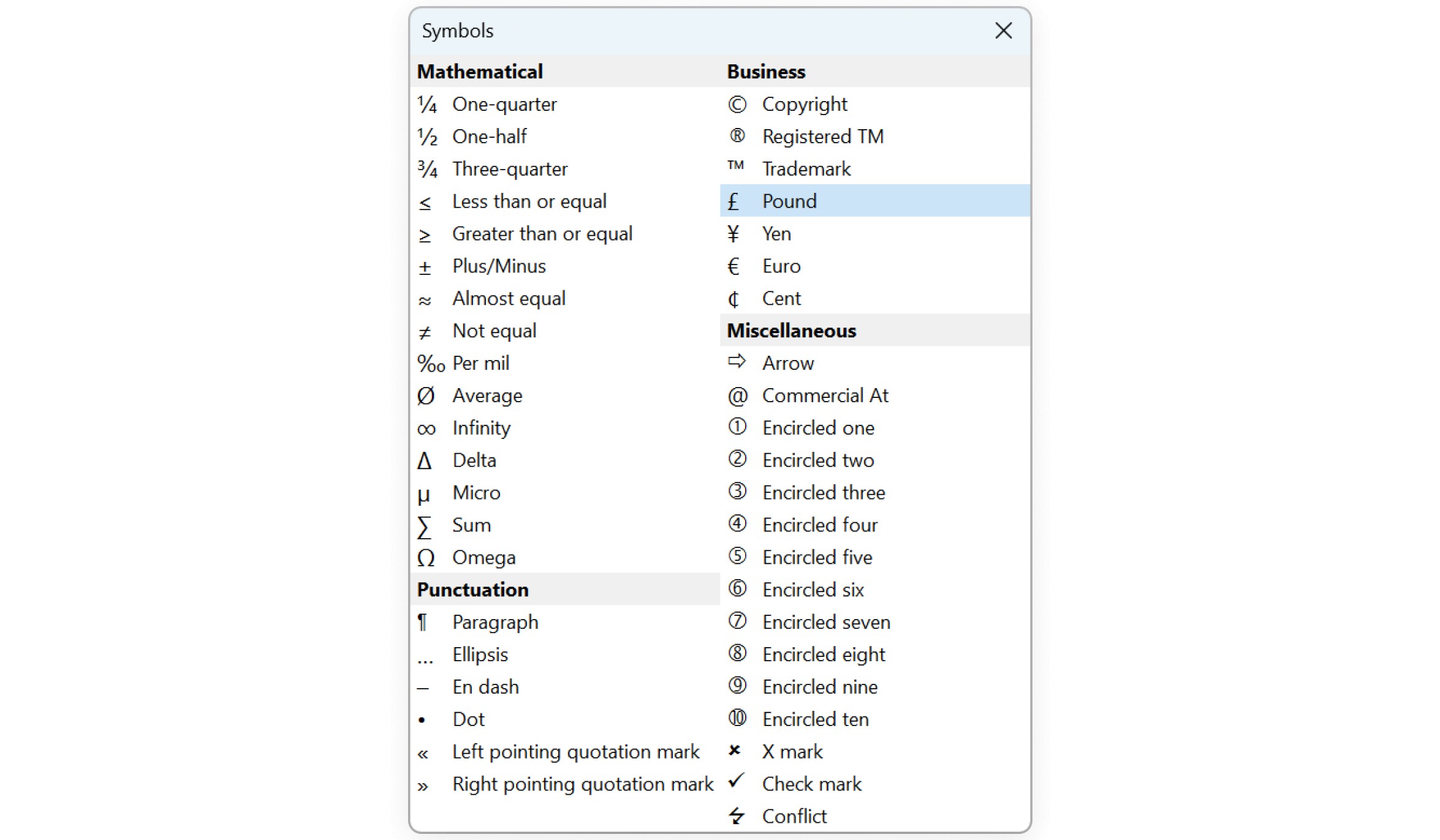 The think-cell Symbols dialog