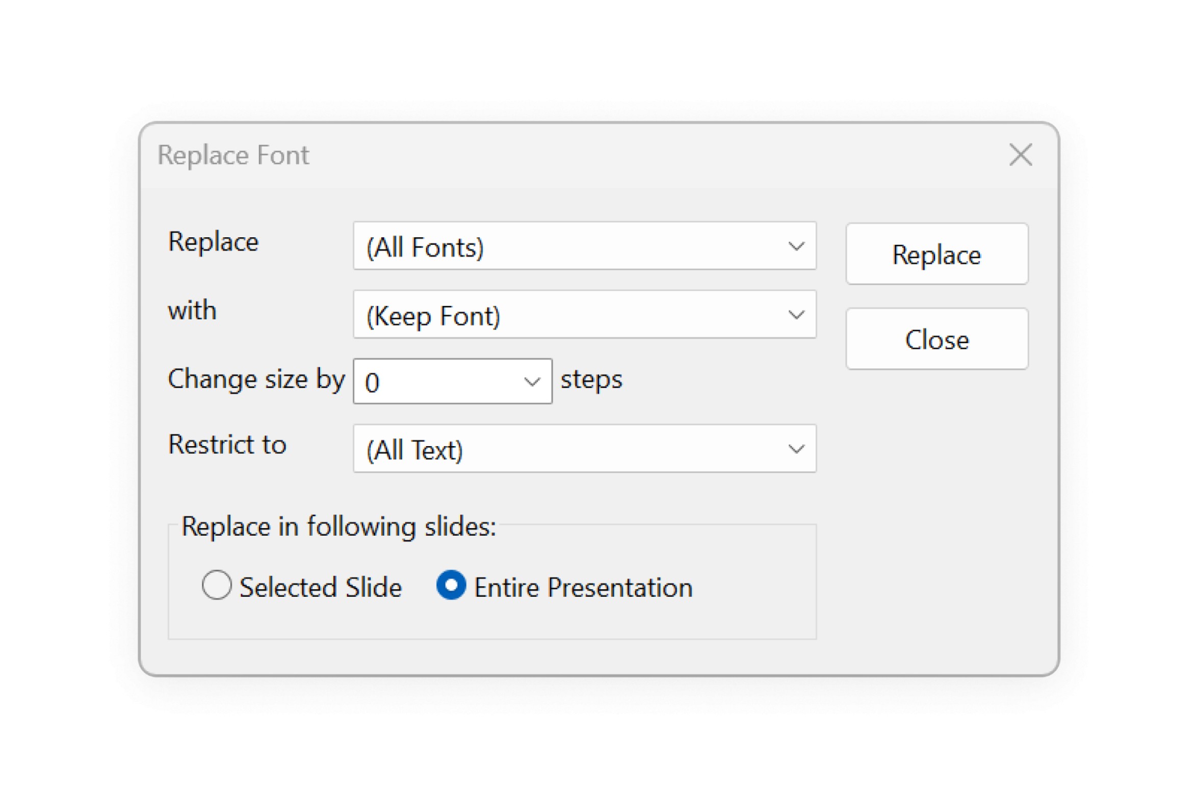 The think-cell Replace Font dialog adds options to change the font size; restrict font replacement to Latin text, Asian text, or complex scripts; and to apply the changes to the selected slide or entire presentation