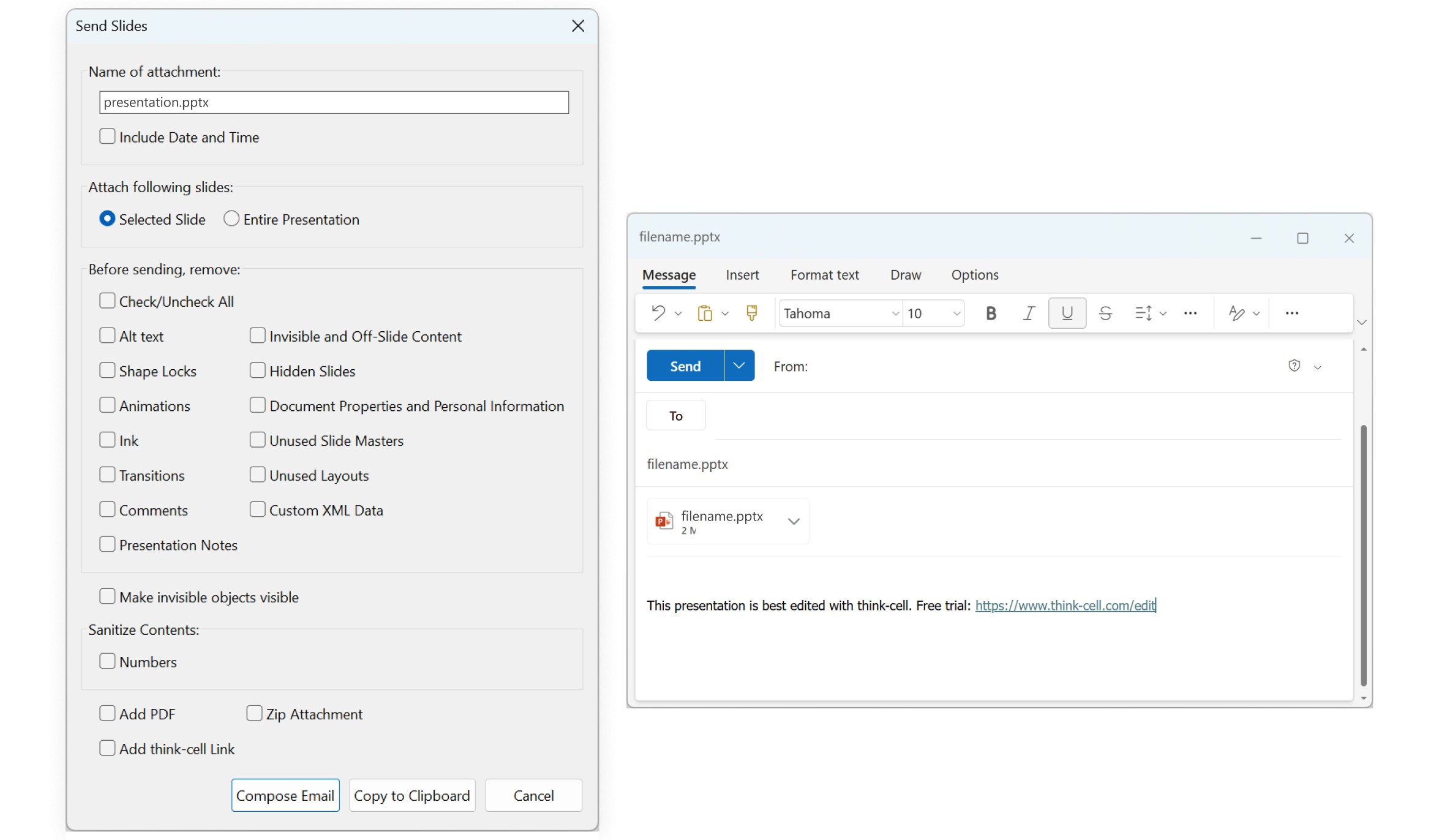 The think-cell Send Slides dialog and an email with a PowerPoint attachment, created by the Send Slides tool