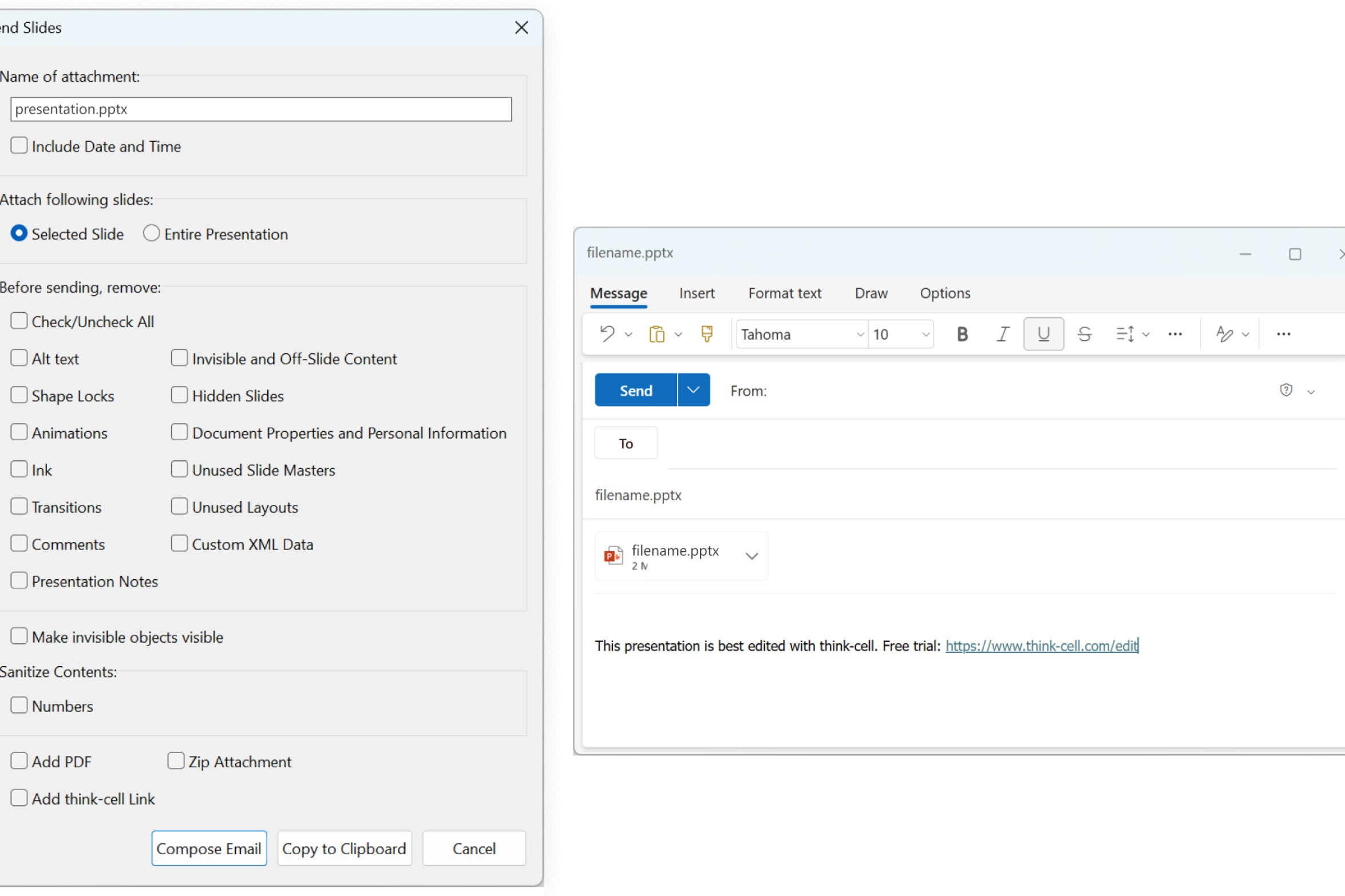 The think-cell Send Slides dialog and an email with a PowerPoint attachment, created by the Send Slides tool