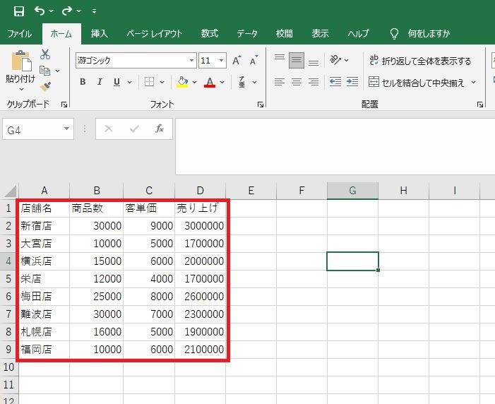 エクセルにバブルチャートで使用する3種類のデータを準備します.