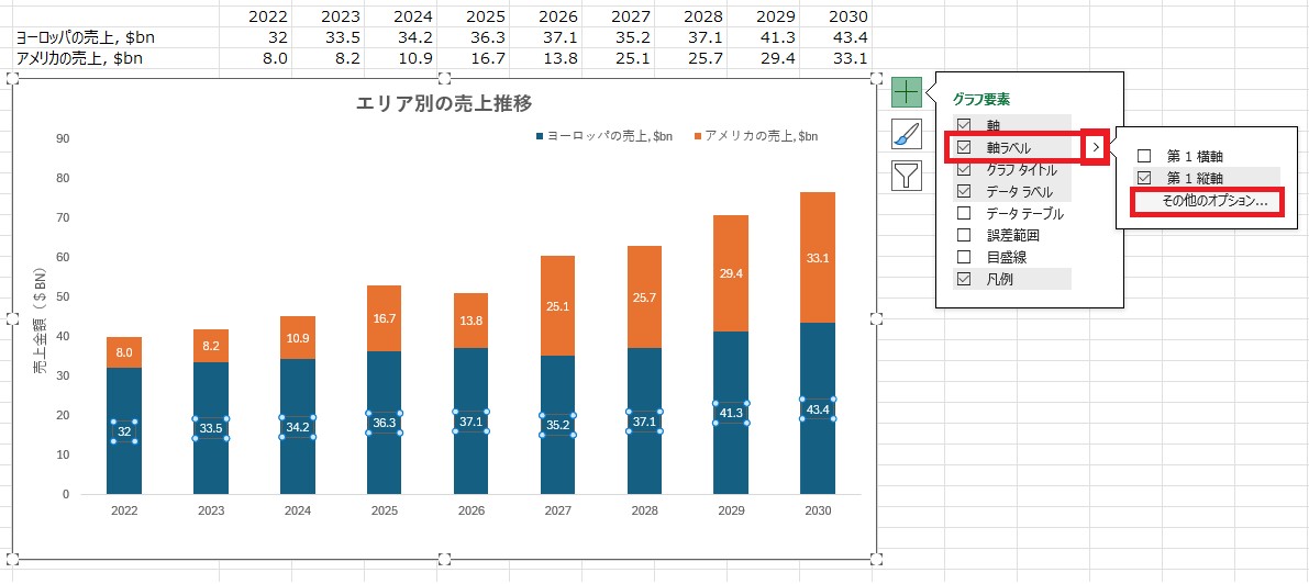 軸ラベルを選択して表示される「＞」を選択→その他のオプション