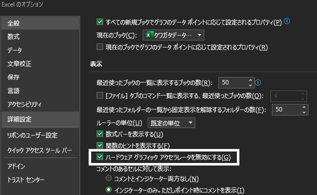エクセルファイルタブ「その他」→「オプション」→「詳細設定」の中の「ハードウェアのグラフィック アクセラレータを無効にする」を確認.