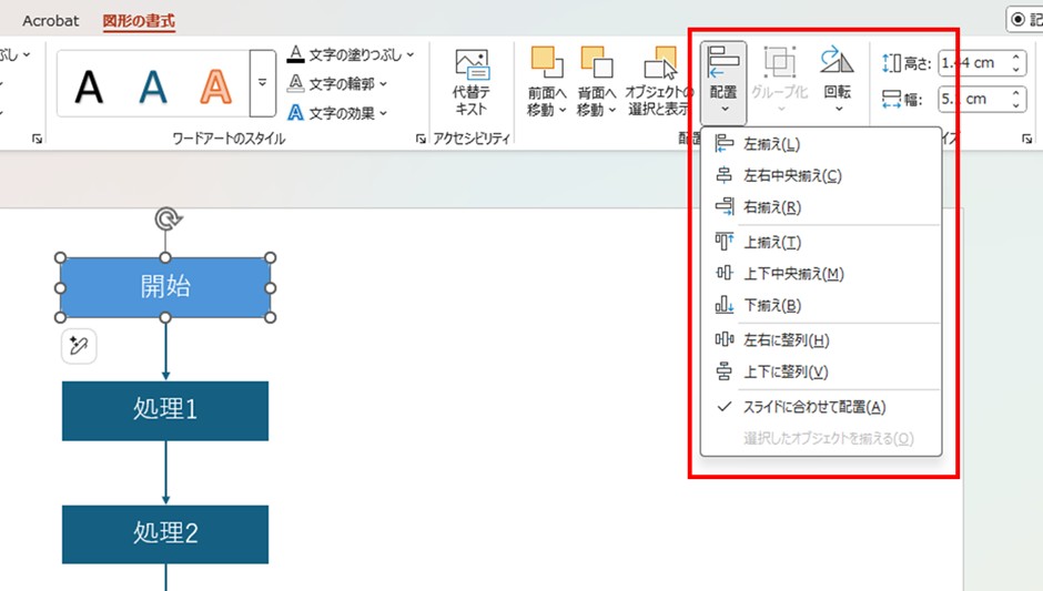 パワポの図形の書式「配置」ににある、あらゆる図形をそろえる機能
