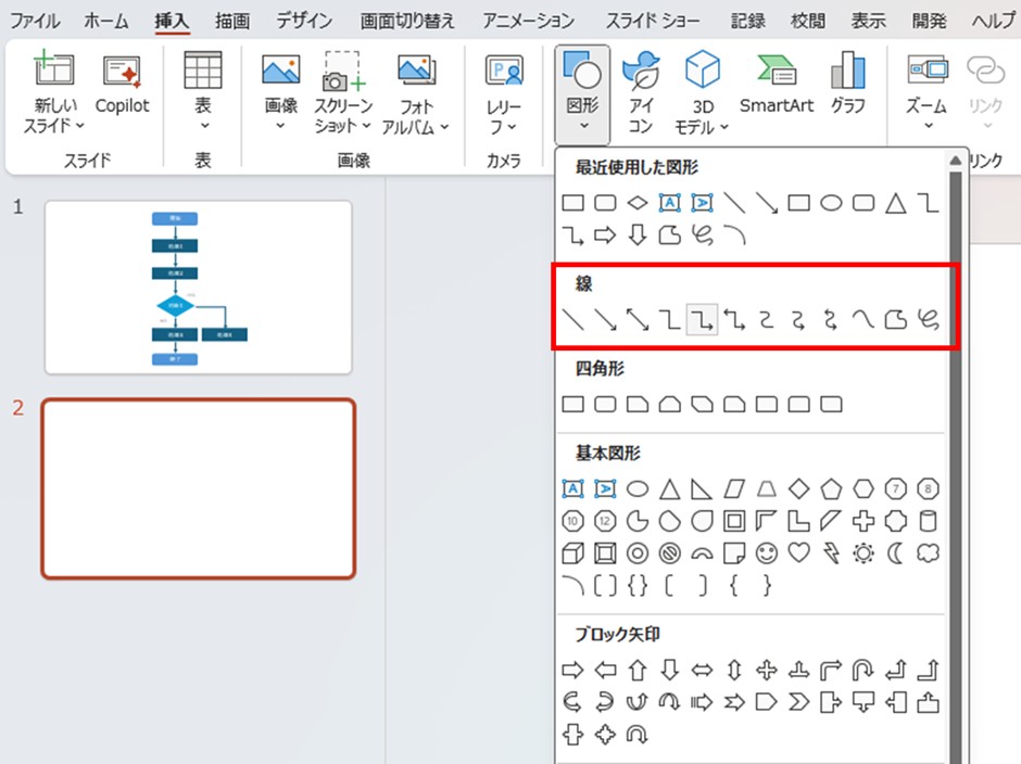 パワポの挿入タブ、図形から「線」を選ぶ様子