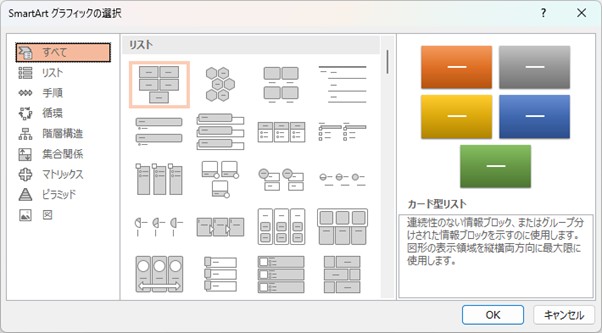 パワポのSmartArtメニューを開いた様子