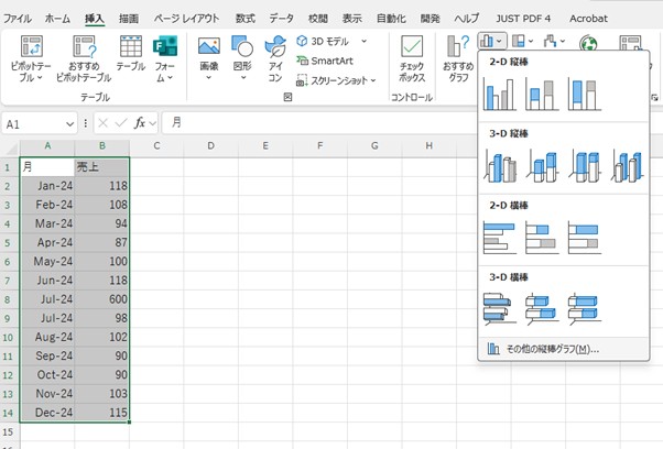 Excelでデータ範囲を選択した後「挿入」で→「縦棒グラフ」を選択する様子